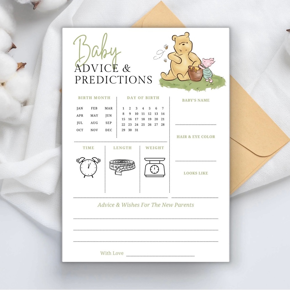 Winnie the Pooh Baby Shower Game Baby Advice and Prediction Cards 30 Count NEW